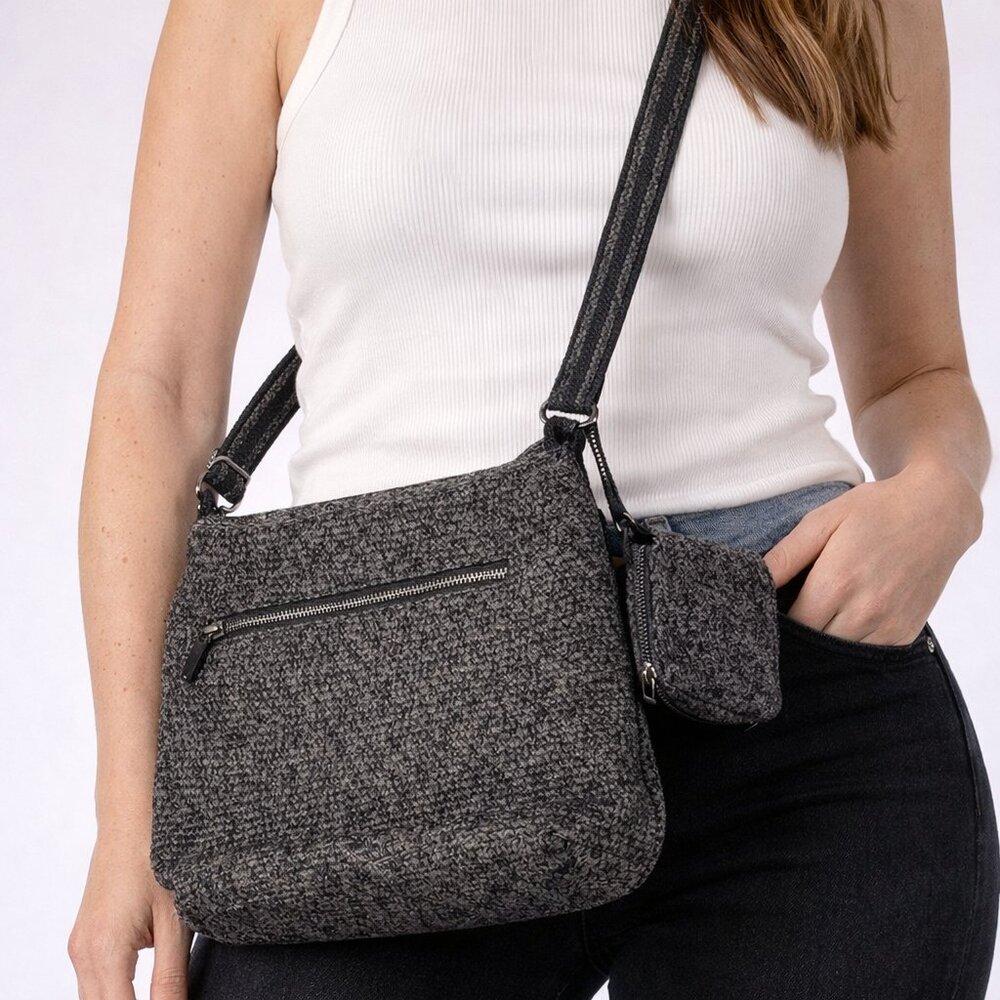 Gray Woven Knit Crossbody Bag Boho Textured Shoulder Purse